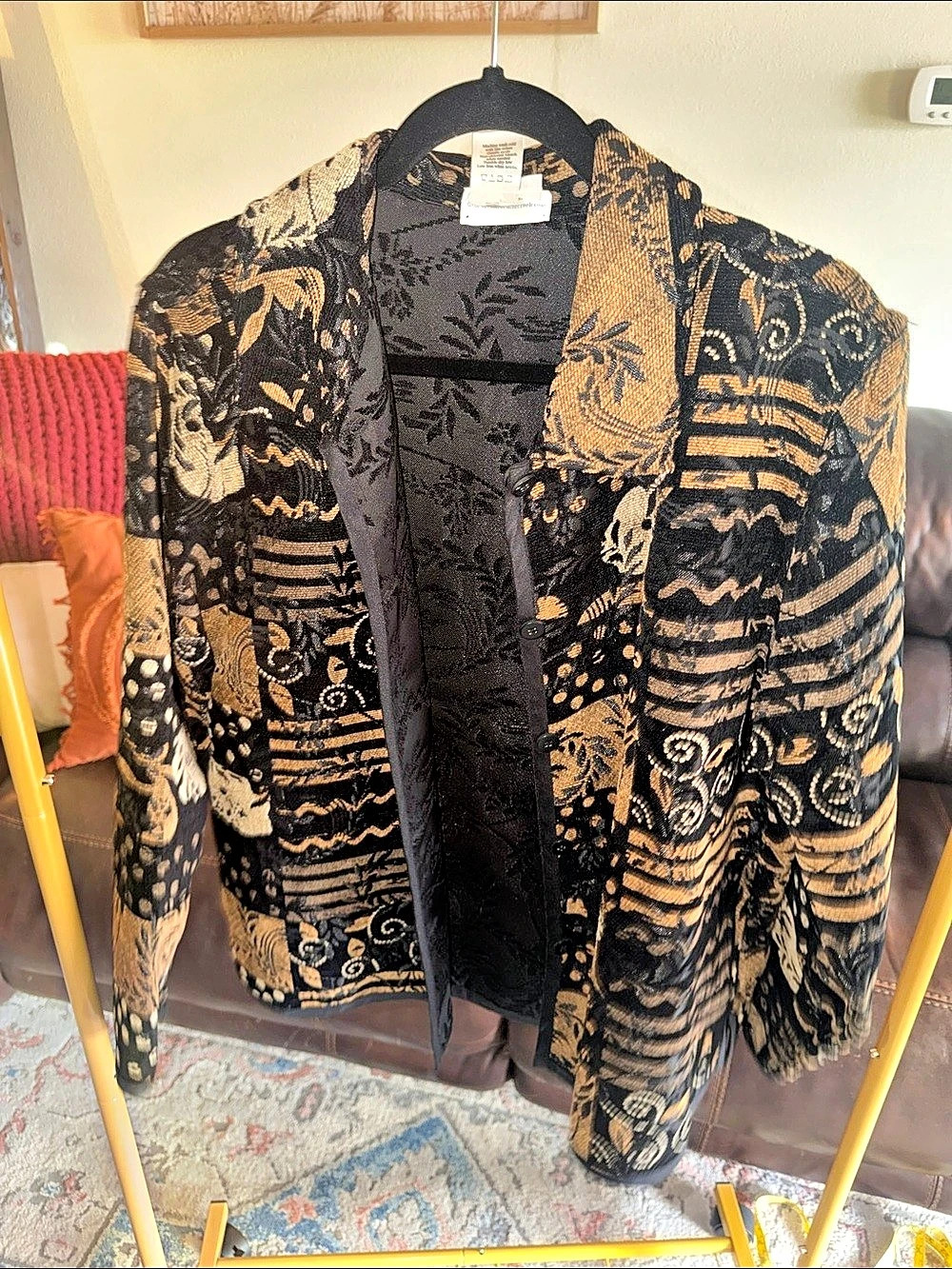 Coldwater Creek Abstract Reversible Floral Tapestry 38Blazer in Black & Gold Siz